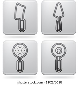 Cooking utensils, listed from left to right:  Chopper, Pizza spatula, Colander, Pizza cutter.