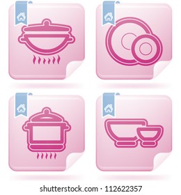 Cooking utensils, listed from left to right: Wok, Plate & dessert plate, Pot, Bowl.