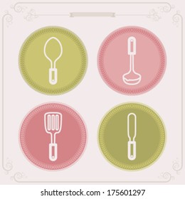 Cooking utensils, listed from left to right: Spoon, Spatula, Ladle, Dipper, Scoop.