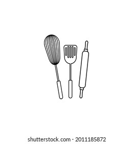 Cooking Utensils Logo. Kitchen Tools Icon. Crossed Spatula, Whisk And Skimmer. Vector Illustration.