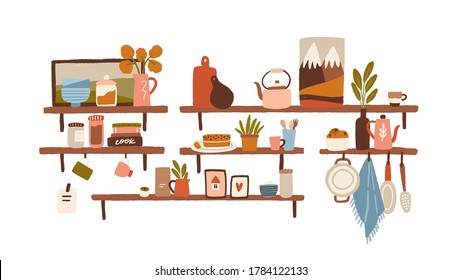 Cooking utensils on shelves in kitchen interior, decor. Hanging saucepan, towel. Various kind of cookware mug, cup, dish, jar, tea pot. Flat vector cartoon illustration isolated on white background