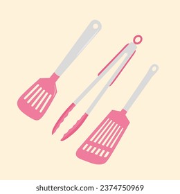 Cooking utensils in pink. scissors, food tongs and spatulas.