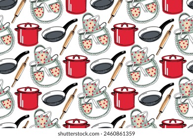 Cooking utensils. Seamless pattern of cooking apron, saucepan, rolling pin, frying pan with black handle. All objects are hand-drawn in vector in blue, red and black. For fabric, paper, kitchen design