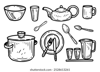 Utensílios de cozinha definir rabiscar desenhado à mão. Caneca, prato, tigela, panela, colher, garfo, vidro. Jantar. Beba bebida. Coma comida. Louça. Utensílios. Mesa de jantar. Ilustração da arte da linha de esboço do vetor.