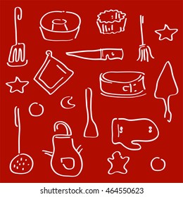 Cooking utensils set of icons. Vector illustration in a handdrawn style. Cooking doodle pattern.