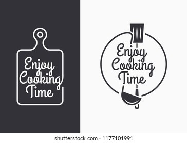 cooking utensils set with vintage lettering "Enjoy Cooking Time" on black and white background