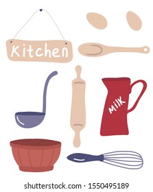 Cooking utensils set.Hand drawn kitchenware.Dough Cooking Kit