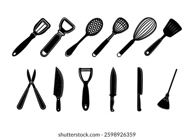 Cooking Utensils Silhouetted on white background