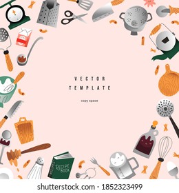 Cooking utensils template, frame border decorated with hand drawn illustration of vintage kitchen utensils, copy space for your text, good as card, banner or poster