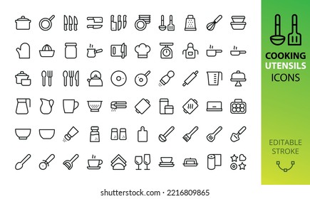 Utensilios de cocina y herramientas aisladas conjunto de iconos. Conjunto de artículos esenciales para la cocina, vajilla, cubiertos, platos, jarra, cuchara, chapa, molino de papel, cortadora de queso, salero, icono del vector de espátula