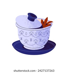 Cooking utensils for traditional tea ceremony. Asian teapot for making herbal drink, brewing beverage from leaves. Pottery gaiwan, pot with lid. Flat isolated vector illustration on white background