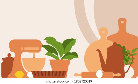 Cooking utensils. Various kind of cookware: cut board, cup, dish, tea pot, mixer,spatulas, pot with plants. Decorative kitchen tools, household utensils. Aesthetic vector illustration in modern style.