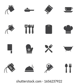 Cooking utensils vector icons set, modern solid symbol collection, filled style pictogram pack. Signs, logo illustration. Set includes icons as tea kettle, coffee pot, colander, cook hat, cutlery