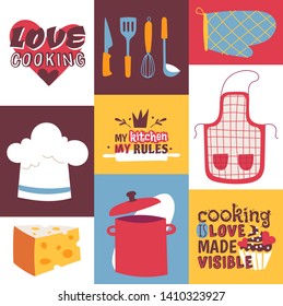 Cooking utensils vector illustration. Cooking appliances and restaurant supplies and food background. Love cooking, My kitchen my rules. Cooking is love made visible. Glove, apron, pan, knife, ladle.