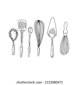 Cooking utensils. Whisks, spatula, spoons, cutlery. Vector hand drawn line sketch of kitchen tools.