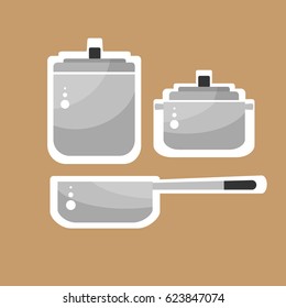 Cooking utensils with white outline. Stickers style items isolated on brown background