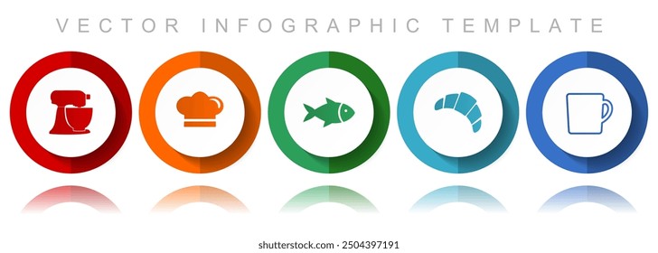 Cooking vector icon collection, miscellaneous icons such as mixer, chef hat, fish, cake and cup, flat design infographic template in eps 10