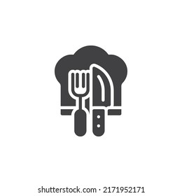 Cooking vector icon. filled flat sign for mobile concept and web design. Cook hat and fork with knife glyph icon. Symbol, logo illustration. Vector graphics