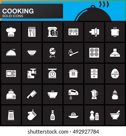Cooking vector icons set, modern solid symbol collection, pictogram pack isolated on black, logo illustration