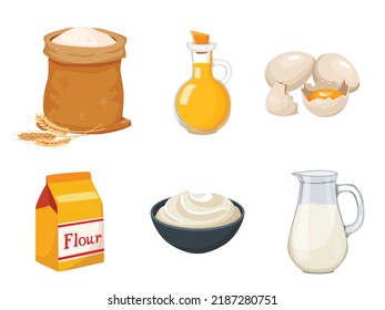 Cooking vector illustration. Baking ingredients set. Kitchen supplies, bakery stuff for cooking cake. Flour bag, eggs, oil. Flat graphic vector illustrations.