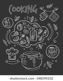 Cooking Vector Illustration, Chalkboard Drawing Set Doodle Style