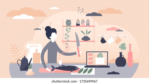 Cooking vector illustration. Female fish preparation scene in flat tiny persons concept. Home kitchen process visualization with mom daily culinary process. Recipe meal with nutrients in ingredients.