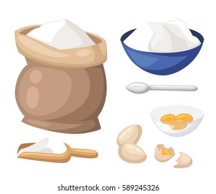 Cooking vector illustration. Kitchen utensils. Food  sugar salt flour starch oil butter baking soda baking powde, vinegar eggs