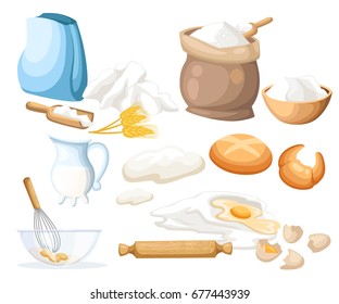 Cooking vector illustration. Kitchen utensils. Food sugar salt flour starch oil butter baking soda baking powde, vinegar eggs Web site page and mobile app design vector element.