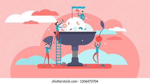 Cooking vector illustration. Stylized, abstract and artistic food preparation image. Team together cooks desert with sparkles, waffle and flag. Outdoor cooking experience