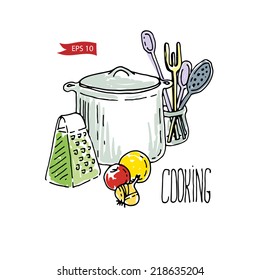 Cooking vector illustration with vegetables and kitchenware.