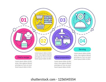 Cooking vector infographic template. Choosing ingredients, food preparation, meal time. Data visualization with four steps and options. Process timeline chart. Workflow layout with linear icons