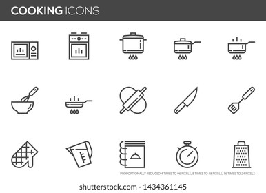 Cooking vector line icons. Kitchen utensils, chef knife, cooking book, roasting, fry. Editable Stroke. Perfect pixel icons, such can be scaled to 24, 48, 96 pixels.