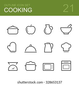 Cooking vector outline icon set - saucepan, apple, carafe, dish, oven glove, kettle, tray, cook, scales, boil, microwave and gas cooker