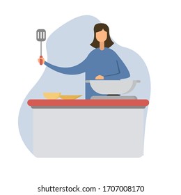 Cooking vector portrait concept with female figure cooking and holding a spatula, isolated in white background with blue shades