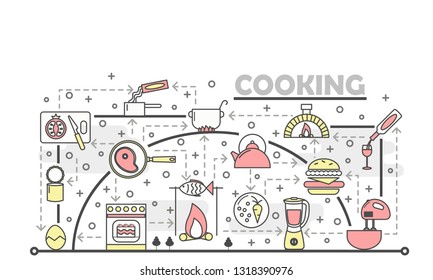 Cooking vector poster banner template. Kitchen appliances, cooking utensils, food, wine thin line art flat style design icons for web banners, printed materials.