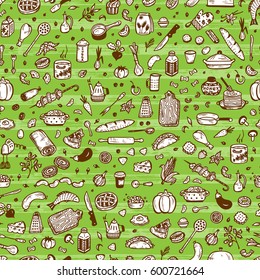 Cooking Vector Seamless Pattern. Hand drawn doodle Food and Kitchen utensils.