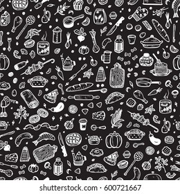 Cooking Vector Seamless Pattern. Hand drawn doodle Food and Kitchen utensils.