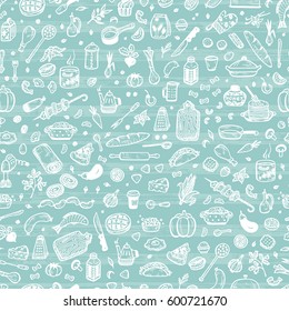 Cooking Vector Seamless Pattern. Hand Drawn Doodle Food And Kitchen Utensils.