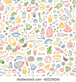 Cooking Vector Seamless Pattern. Hand drawn doodle Food and Kitchen utensils