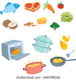 Cooking vector set include equipment, food, meat and vegetables