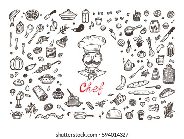 Cooking. Vector Set For Menu Decoration. Hand Drawn Doodle Chef, Food And Kitchen Utensils. 