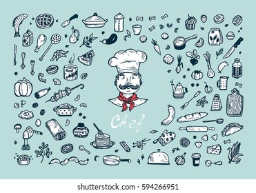 Cooking. Vector Set for menu decoration. Hand drawn doodle Chef, Food and Kitchen utensils. 