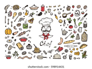 Cooking. Vector Set for menu decoration. Hand drawn doodle Chef, Food and Kitchen utensils.