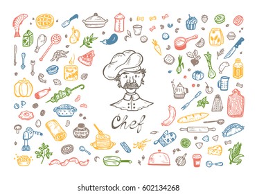 Cooking. Vector Set for menu decoration. Hand drawn doodle Chef, Food and Kitchen utensils