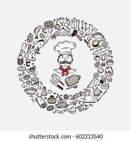 Cooking. Vector Set for menu decoration. Food round frame with Hand drawn doodle Chef and Kitchen utensils