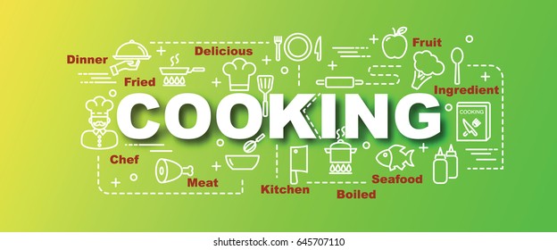 cooking vector trendy banner design concept, modern style with thin line art cooking icons on gradient colors background
