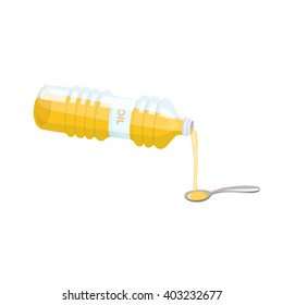 Cooking vegetable oil. Do pour from bottle too spoon. Baking ingredient. Cartoon vector. Food fat. 