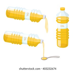 Cooking Vegetable Oil Packaging Set. Do Pour From Bottle To Spoon. Baking Ingredient. Cartoon Vector. Food Fat. 