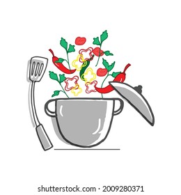 cooking vegetable with pot and spatula illustration on white background. healthy food, chilli, tomato, pepper, and celery icon. hand drawn vector. doodle art for book recipe, poster, banner, magazine.