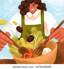 Cooking vegetable salad. Happy woman during healthy food preparation. Mixing fresh veggies, tomato, lettuce, olive, cheese in bowl for vegetarian dish. Mediterranean cuisine. Flat vector illustration